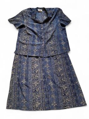 Plus Size Vintage Tradition Blue Patterned Matching Set Blouse & Skirt Size 16